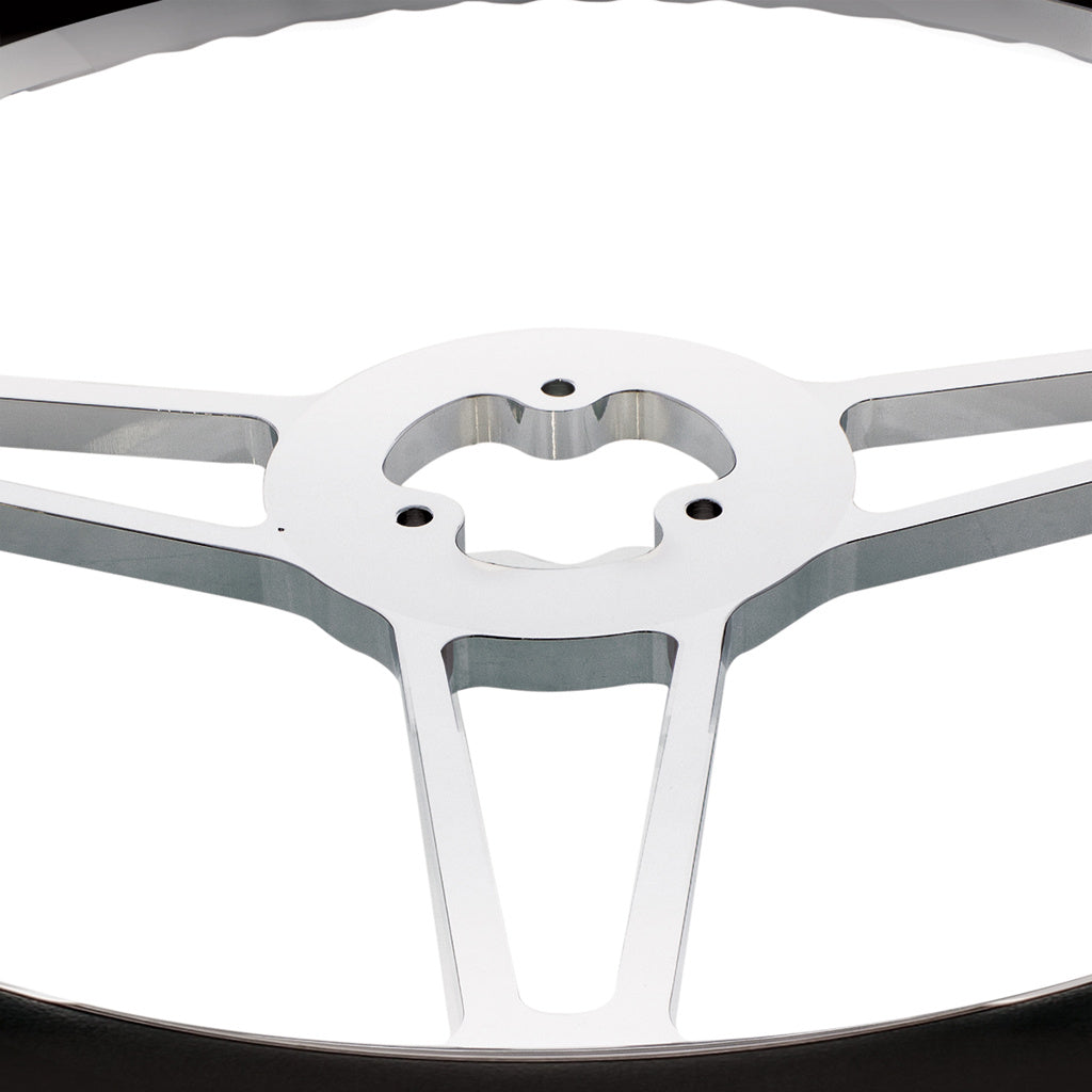 18" Chrome Aluminum "3-Spoke" Style Steering Wheel With Black Leather Rim