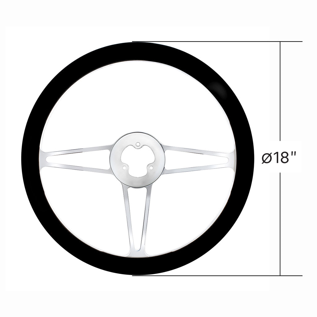 18" Chrome Aluminum "3-Spoke" Style Steering Wheel With Black Leather Rim
