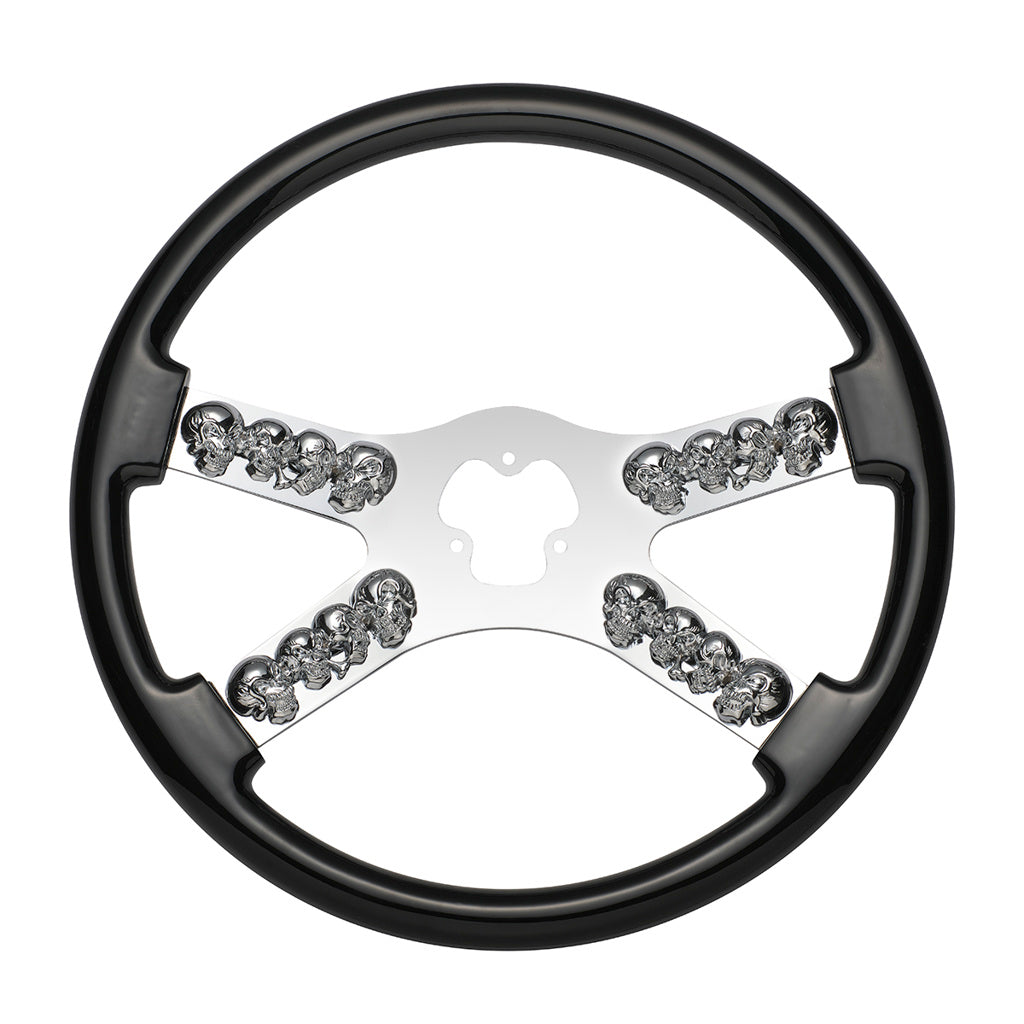 18" Chrome Steering Wheel With Skull Accent - Black