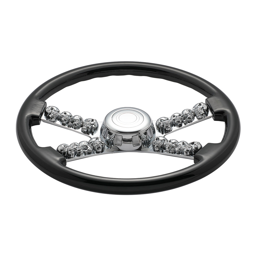 18" Chrome Steering Wheel With Skull Accent - Black