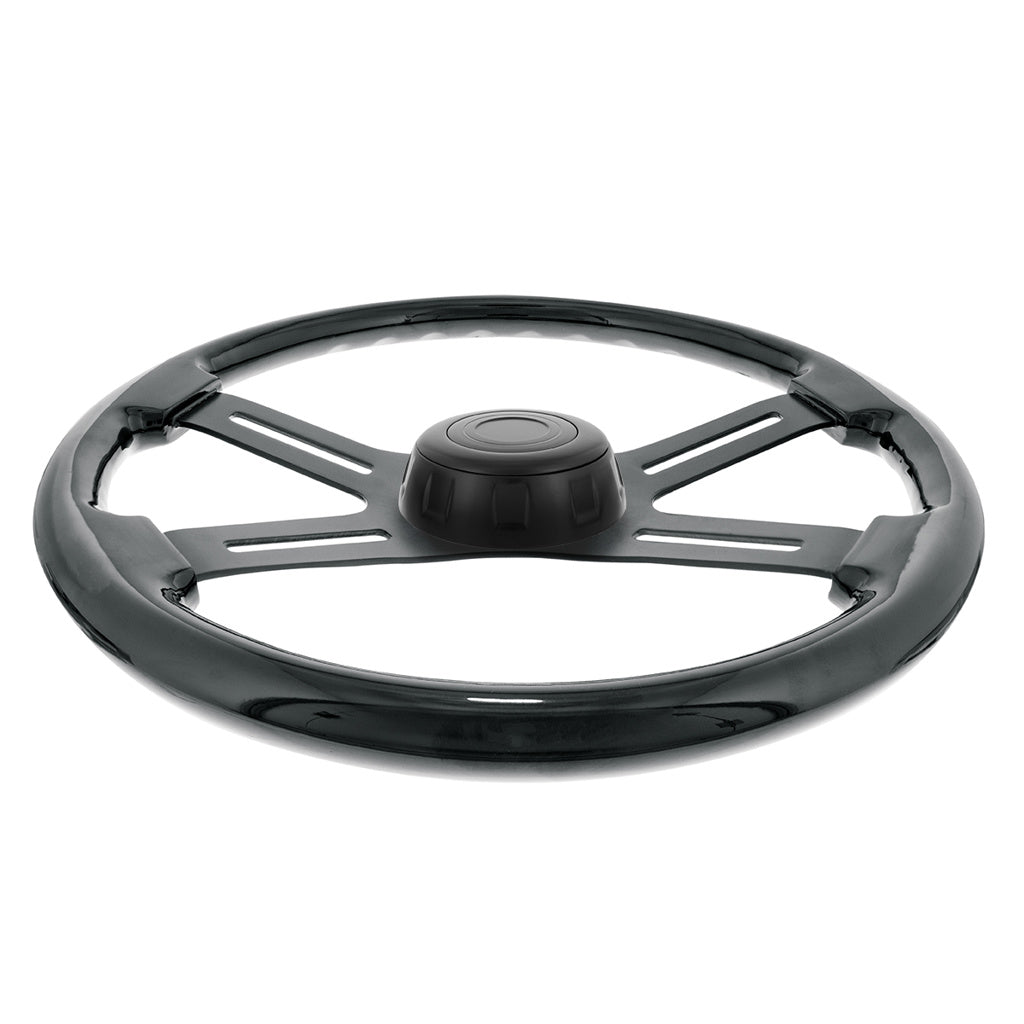 18" Matte Black 4 Spoke Steering Wheel With Horn Bezel & Button-Gloss Black