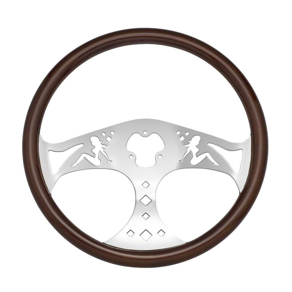 18" Lady Steering Wheel With Chrome Horn Bezel And Horn Button - Woodgrain