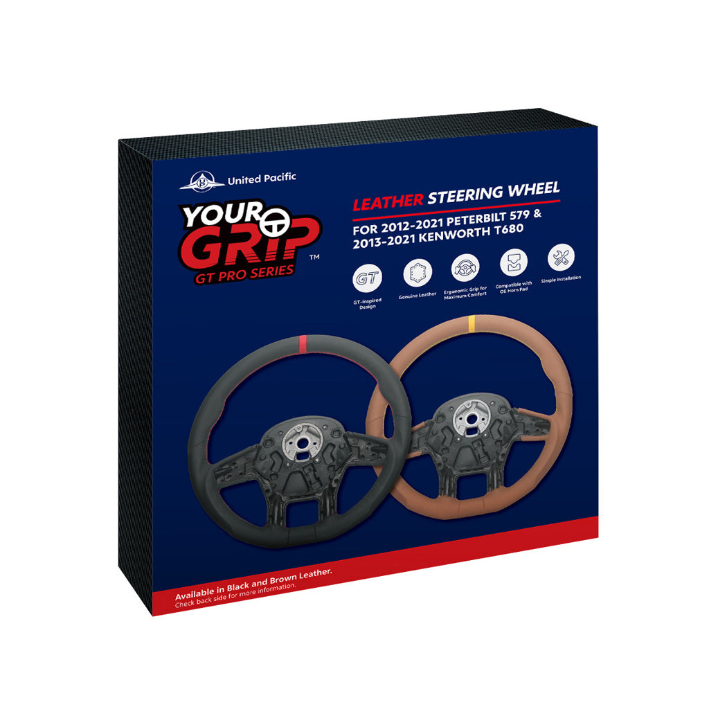 18" YourGrip GT PRO Leather Steering Wheel For 2012-2021 Peterbilt 579 & 2013-2021 Kenworth T680-Brown