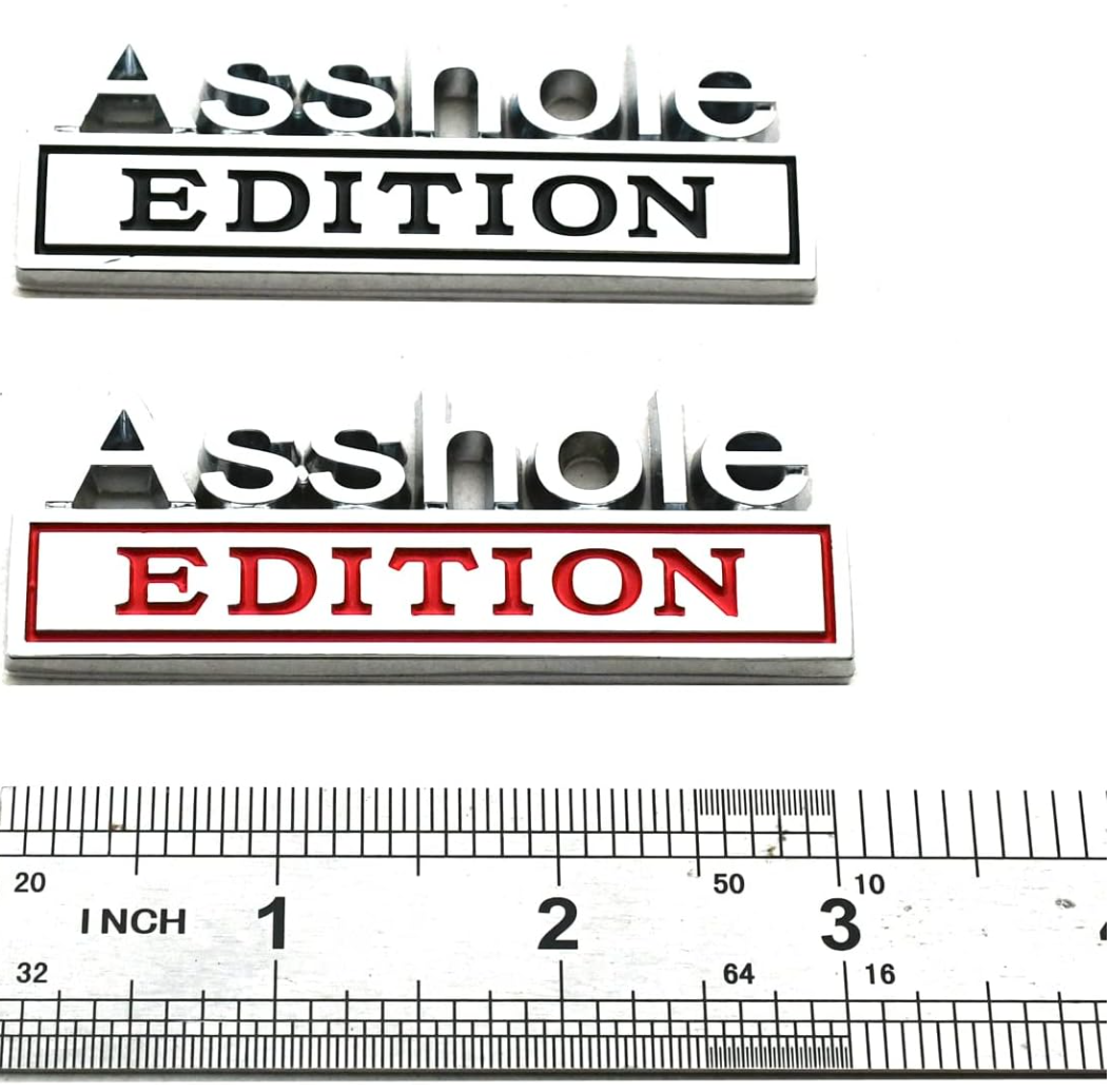2 Pack Ass hole Edition Emblems 3D Front Hood Side Metal Auto Badge (Silver/Red)