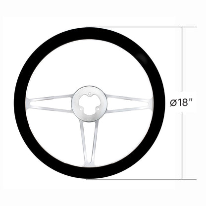 18" Chrome Aluminum "3-Spoke" Style Steering Wheel With Black Leather Rim