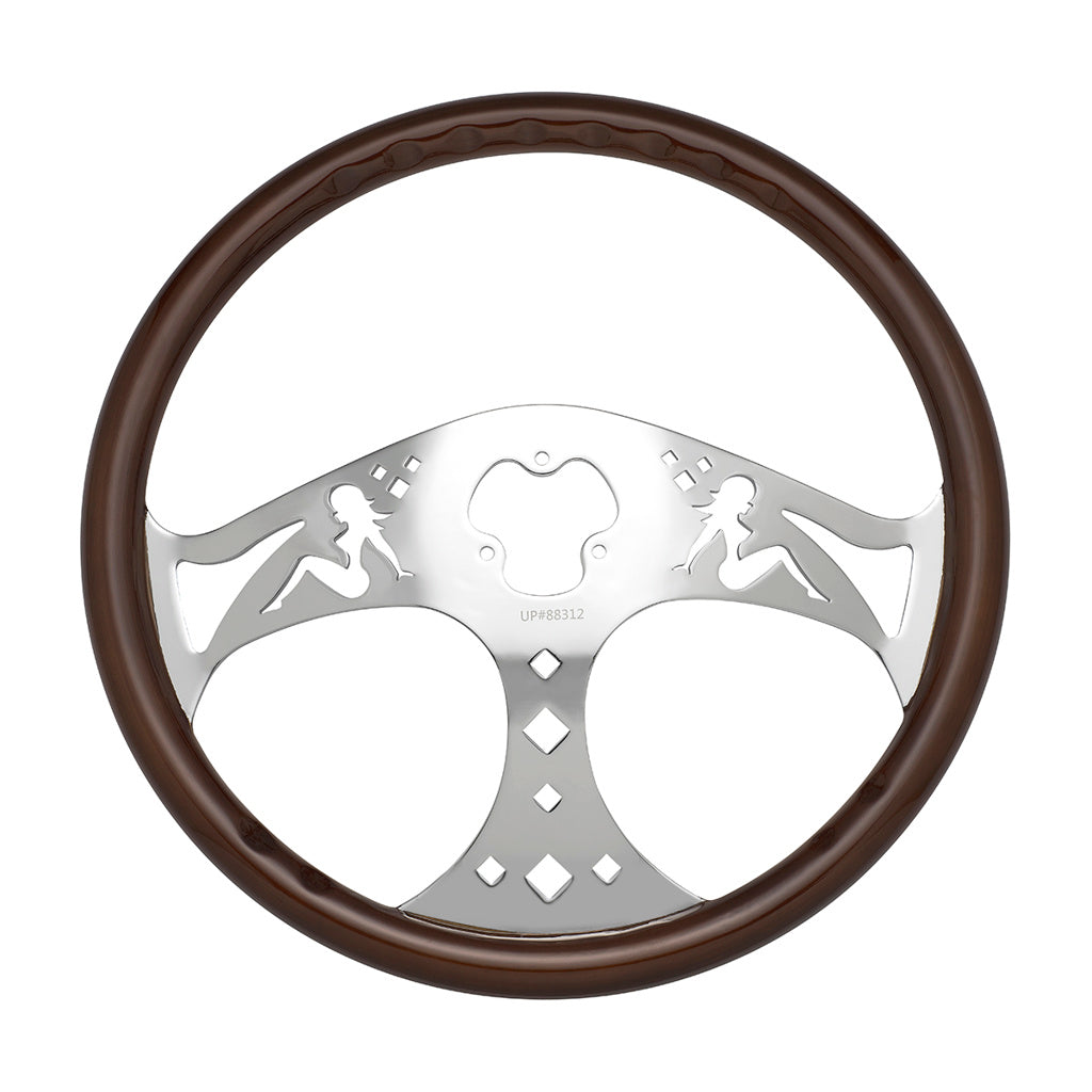 18" Lady Steering Wheel With Chrome Horn Bezel And Horn Button - Woodgrain